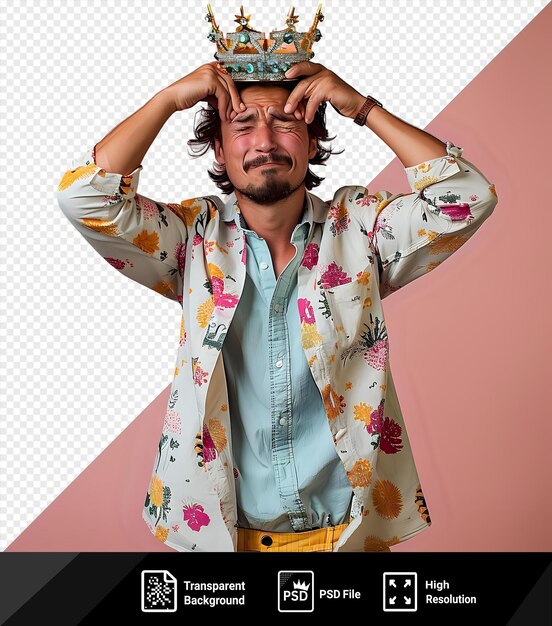 PSD isolated guy holding crown over his head making face in front of pink wall wearing light blue and blue shirt and yellow pants with brown hair and a hand visible in the foreground png psd