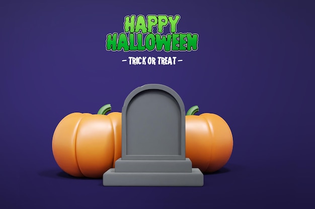 Isolated halloween 3d rendering with tomb stone and pumpkin 3d premium psd