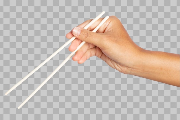 Isolated hand holding wooden chopsticks