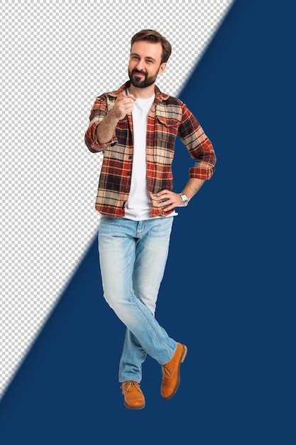 Uomo barbuto bello isolato che punta il dito in macchina fotografica in abito hipster vestito in jeans e camicia a scacchi a tutta lunghezza in piedi su uno sfondo bianco di studio