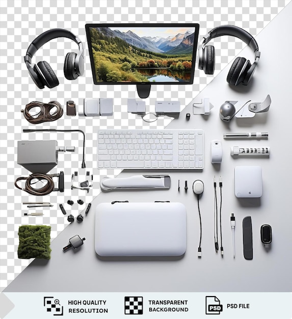 isolated high end computer gaming setup set on transparent background with black headphones white keyboard and mouse