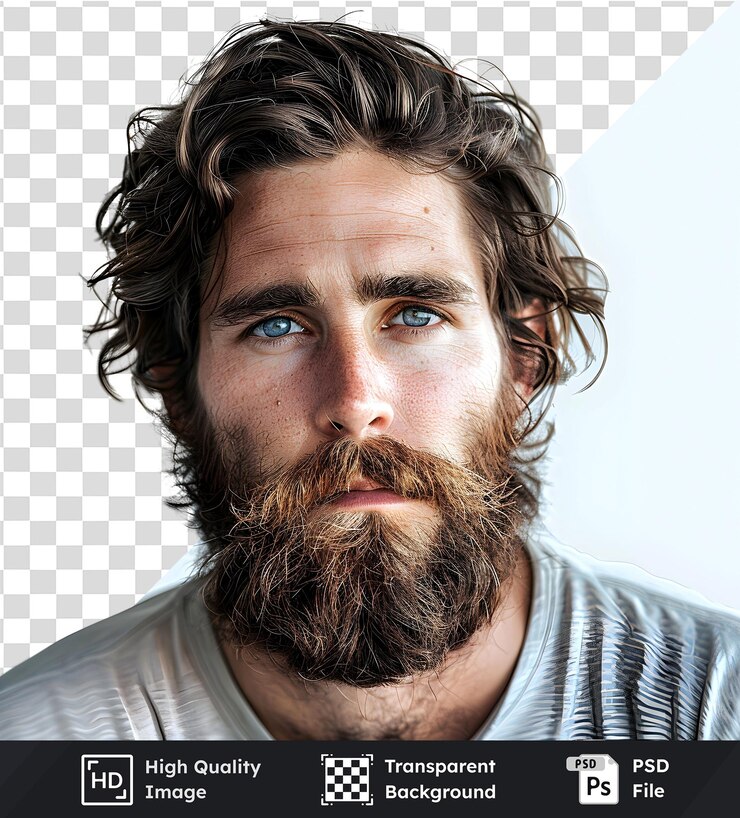 PSD isolated image of a man with a beard looking directly at the camera with blue eyes and brown hair