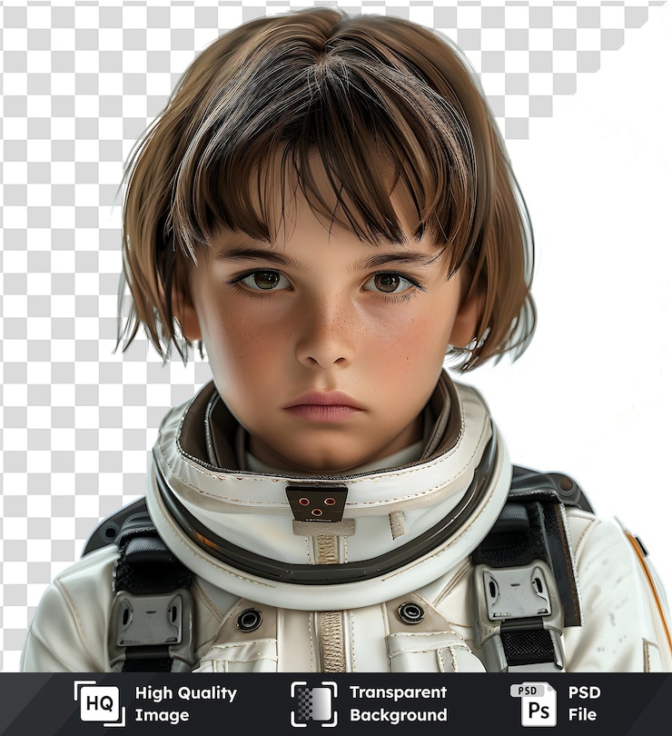 PSD isolated image of young girl wearing white spacesuit