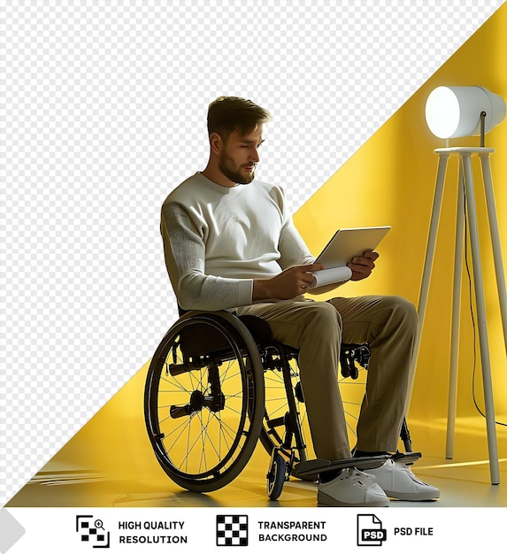 PSD isolated important information man in a black wheelchair sits in front of a yellow wall png