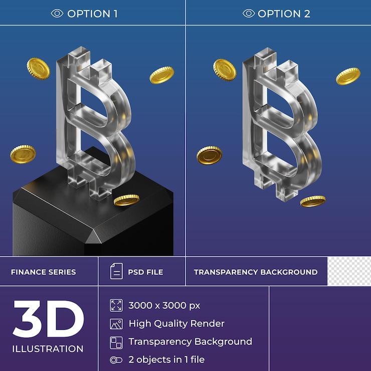 PSD isolated isometric glass 3d currency icon on black stand. bitcoin symbol