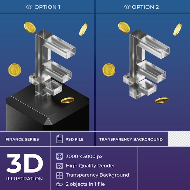 PSD isolated isometric glass 3d currency icon on black stand. french franc symbol