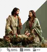 PSD isolated jesus christ in the manger with joseph and mary accompanied by a woman with long brown hair and a black beard against a green wall with a hand visible in the foreground png psd