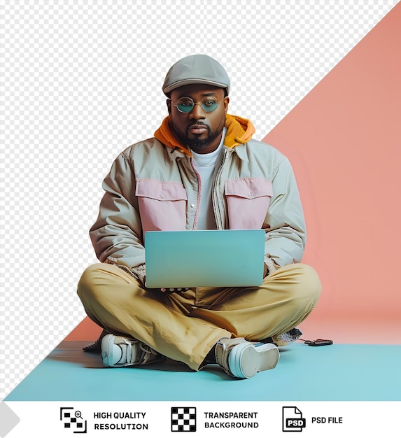 PSD isolated man looking at camera sitting working on laptop in front of pink wall wearing tan and khaki pants gray hat and blue glasses with a white shoe visible in the fore png