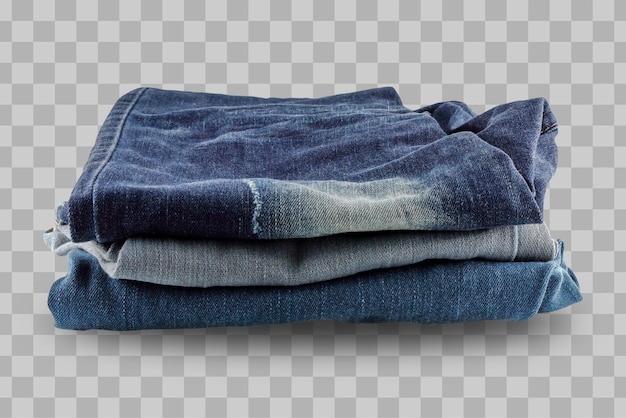 Isolated many blue jeans stacked