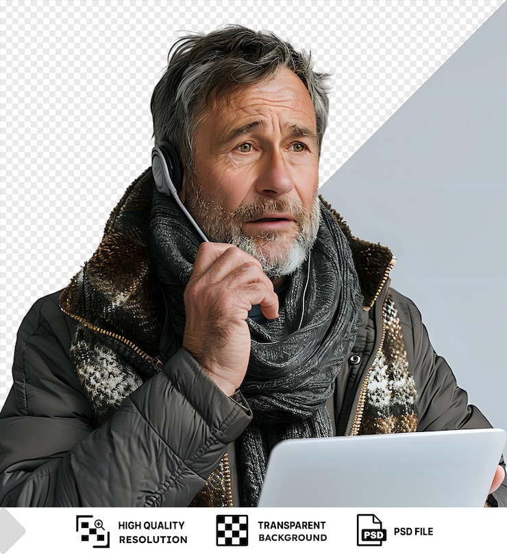 PSD isolated mature caucasian man communicating with his contacts on skype laptop while wearing a black and gray jacket gray scarf and gray hair with a prominent nose and brown and blue eyes png