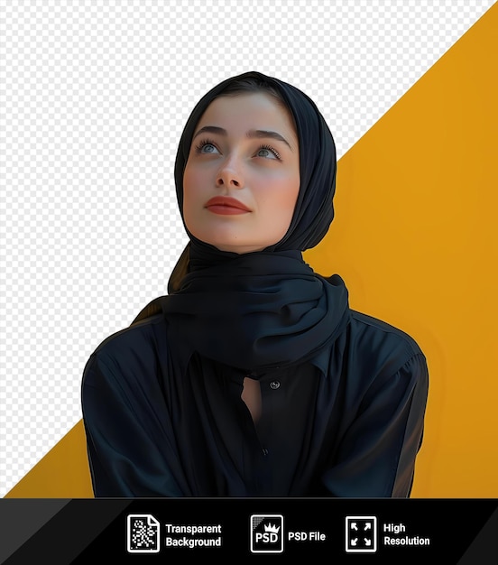 PSD isolated melancholic woman reminiscing over an invisible old memory wearing a black shirt and scarf with striking blue and brown eyes a small nose and a black button png