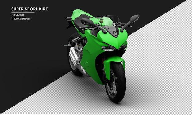 isolated metal green super sport bike from right front angle view