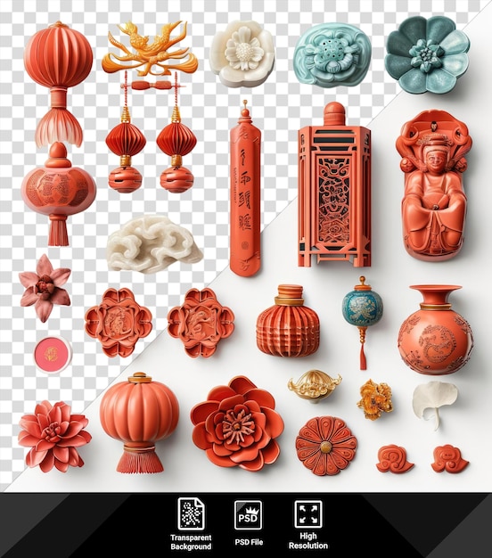 PSD isolated mid autumn chinese festival item set red orange blue white and gold