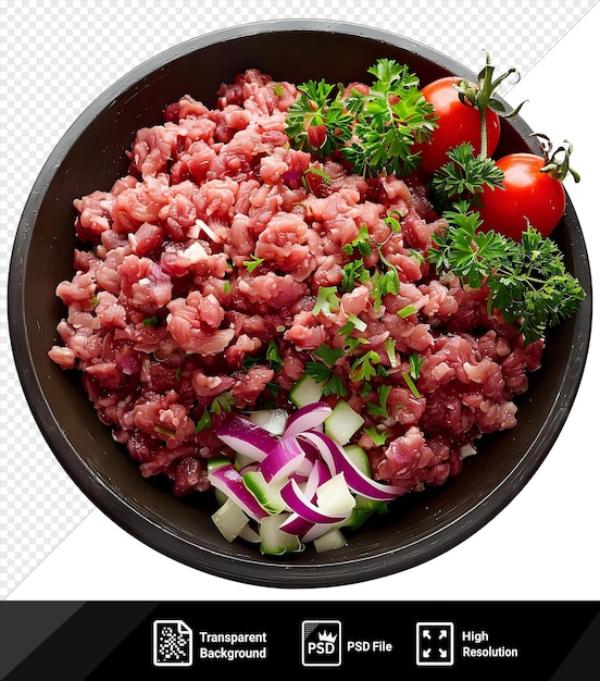 Isolated minced meat png clipart with a red tomato and purple onion in a bowl png psd