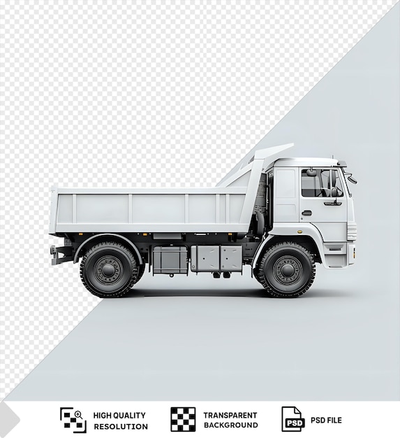 Isolated mockup of a white dump truck with black tires and a white cab parked against a white sky with a window and door visible png