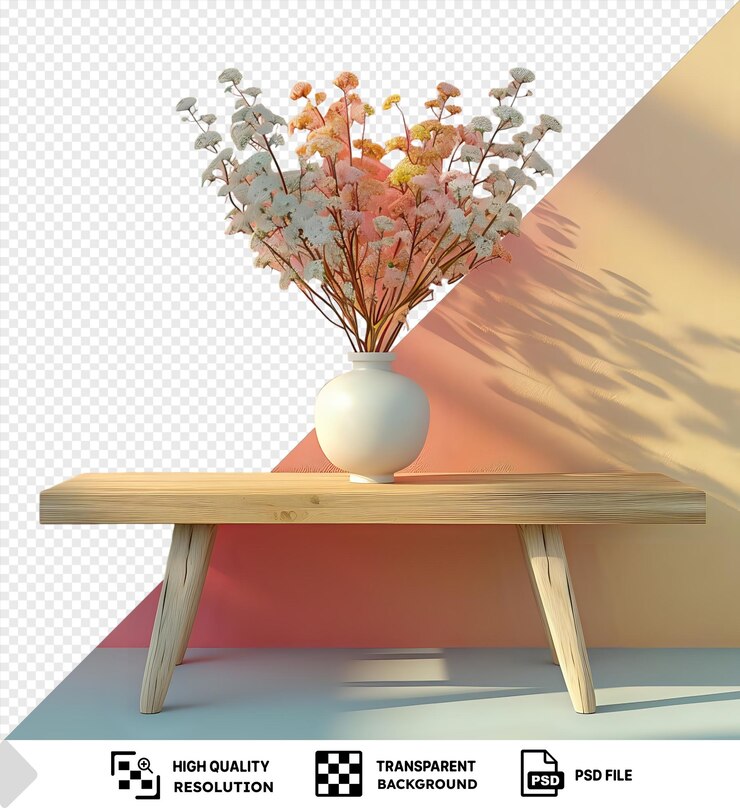 PSD isolated mockup of a wooden table adorned with a white vase filled with pink flowers set against a pink wall with metal and wood legs visible in the foreground png