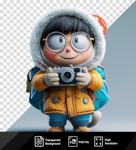 Isolated nobita from doraemon dressed in a yellow and blue jacket holds a silver and gray camera while wearing a white and gray glove her black hair and face are visible as png