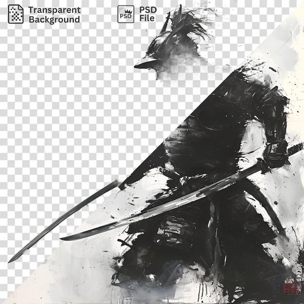 PSD dipinto isolato di un cavaliere in armatura che brandisce una lunga spada con una testa nera in primo piano