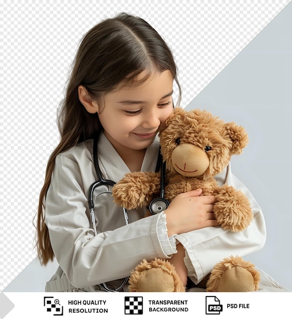 PSD isolated pediatrician practising her auscultation technique on a soft toy while wearing a white shirt and brown hair with a small hand and ear visible in the foreground png