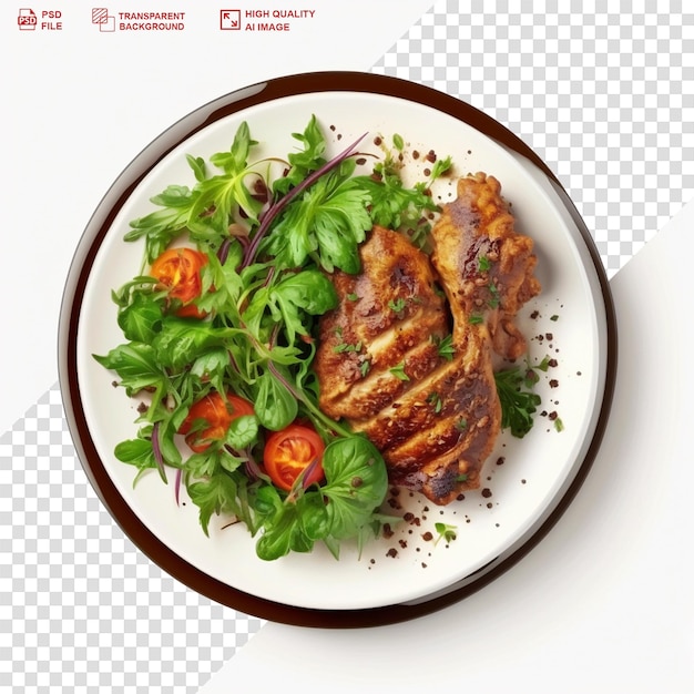 PSD isolated plate of grilled beef steak with salad transparent background