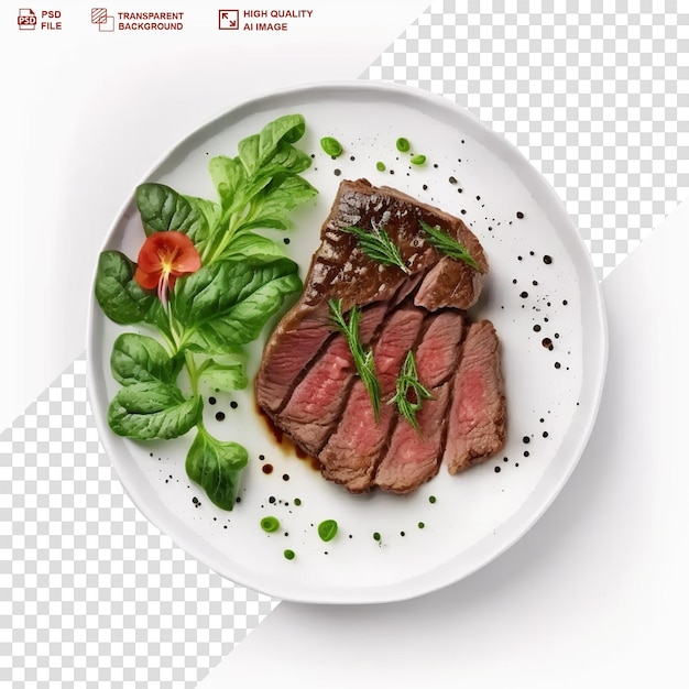 PSD isolated plate of grilled beef steak with salad transparent background