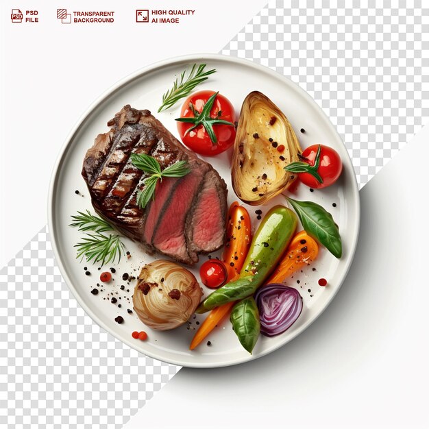 PSD isolated plate of grilled beef steak with salad transparent background