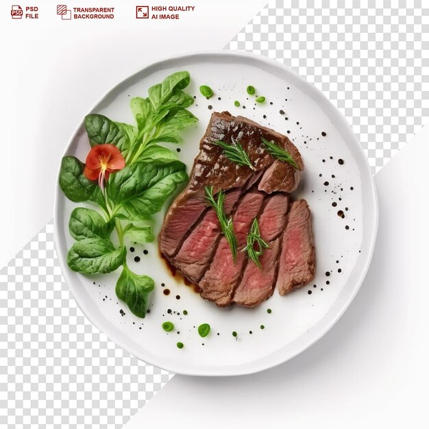 サラダの透明な背景のグリルされた牛肉ステーキの孤立したプレート