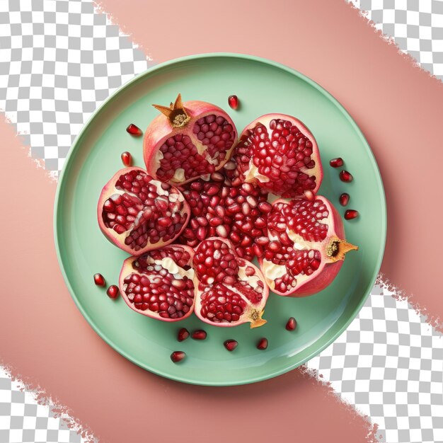 Isolated plate of pomegranate seeds on transparent background