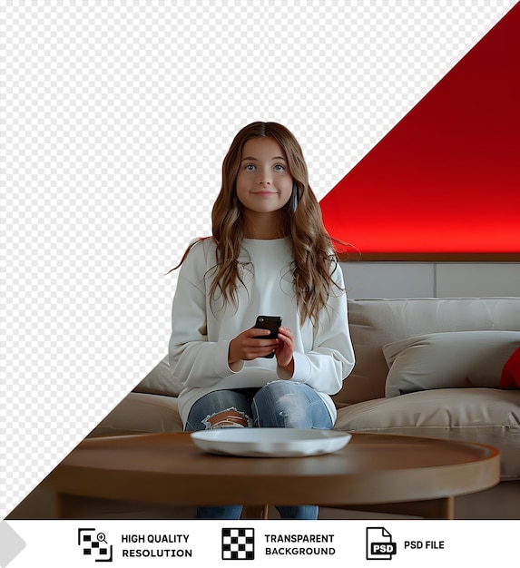 PSD isolated pleased looking side young girl holding phone sitting sofa behind coffee table living room with red wall wood table white bowl blue jeans brown long hair white shirt red png