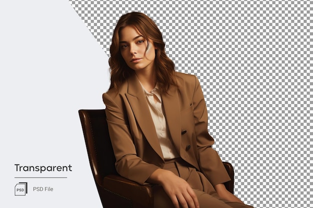 isolated png portrait of fashion woman sit on a chair in a brown suit