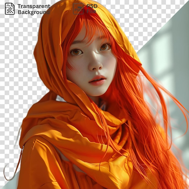 PSD isolated portrait of a woman with orange hair wearing a robe featuring brown eyes a small nose and a white face