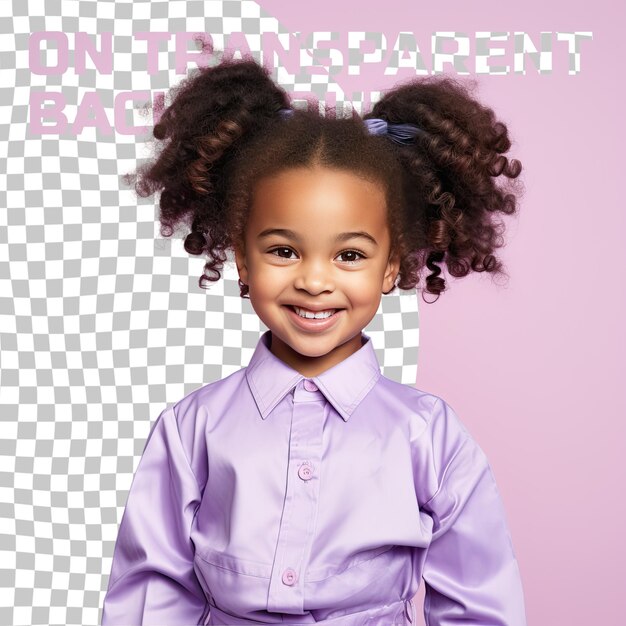 PSD a isolated preschooler girl with kinky hair from the uralic ethnicity dressed in interpreter attire poses in a hand brushing through hair style against a pastel lavender background