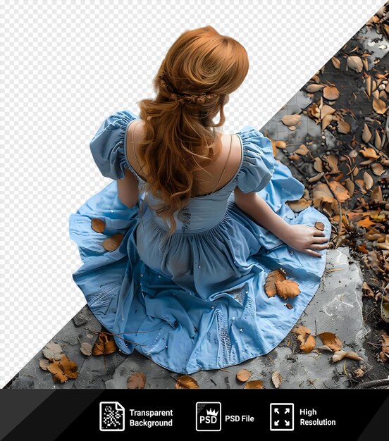 PSD isolated a pretty ginger girl in blue dress sitting in a park png