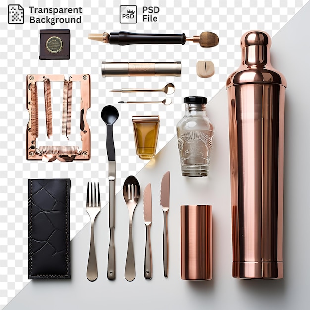 PSD isolated professional bartenders kit set featuring a brown bottle silver fork black knife and silver spoon on a transparent background accompanied by a black wallet