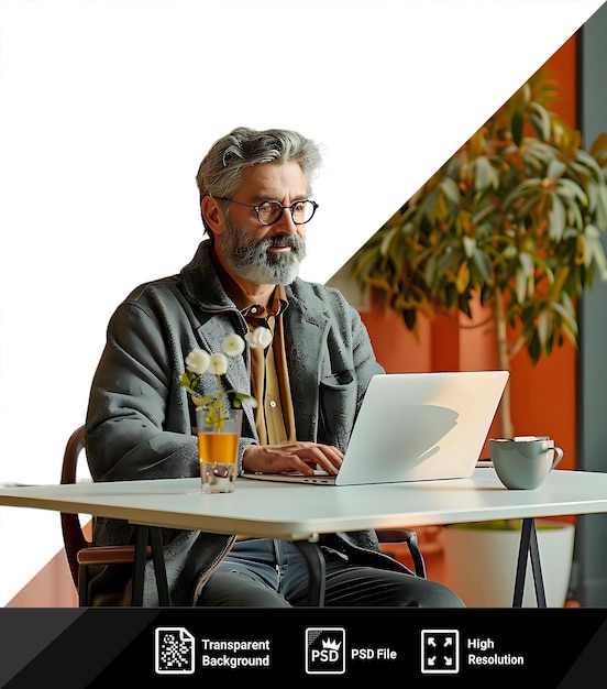 PSD isolated project work attractive cheerful middle aged man typing on laptop while sitting at table in modern office during daytime png psd