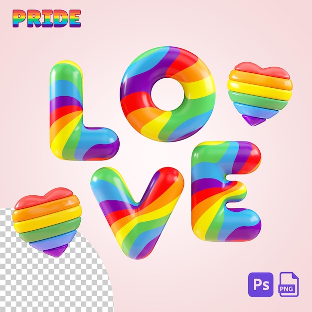 Isolated rainbow LOVE letters and hearts on a transparent background for LGBTQIA Pride celebration