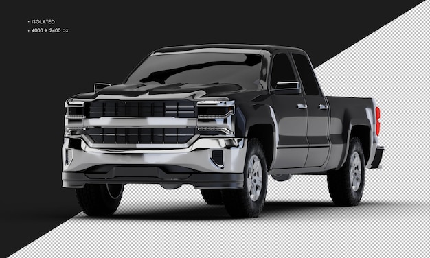 Isolated Realistic Black Double Cabin Pickup Truck from Left Front Angle View