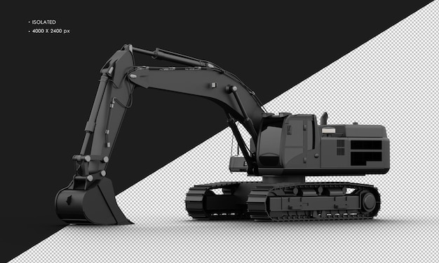 PSD isolated realistic black titanium metal matte excavator machine from left front view