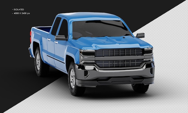 PSD isolated realistic blue double cabin pickup truck from right front angle view