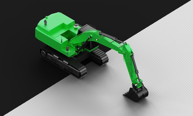 Isolated realistic green titanium metal matte excavator machine from top right front view