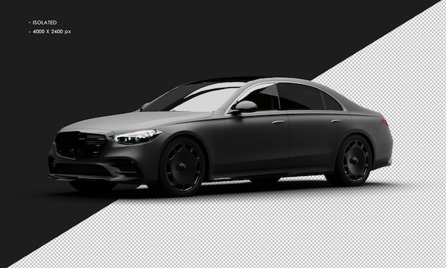 Isolated realistic matte black luxury modern elegant sedan city car from left front view