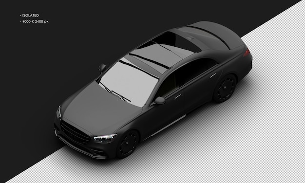 Isolated realistic matte black luxury modern elegant sedan city car from top left front view