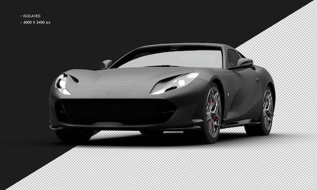 PSD isolated realistic matte black mid engine grand tourer super car from left front angle view