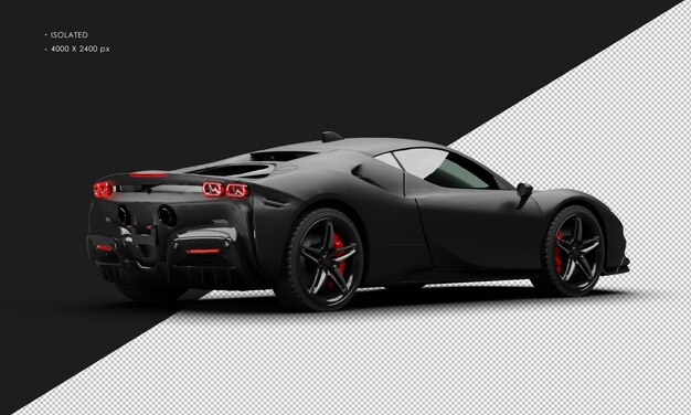 Isolated realistic matte black mid engine hybrid sports super car from right rear view