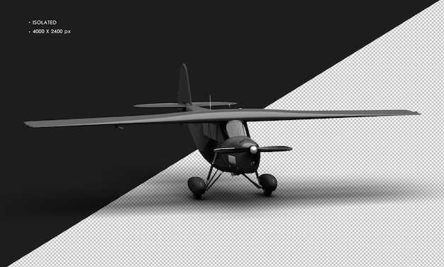 PSD isolated realistic matte black retro model vintage propeller airplane from right front angle view