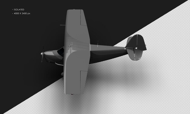 PSD isolated realistic matte black retro model vintage propeller airplane from top left view