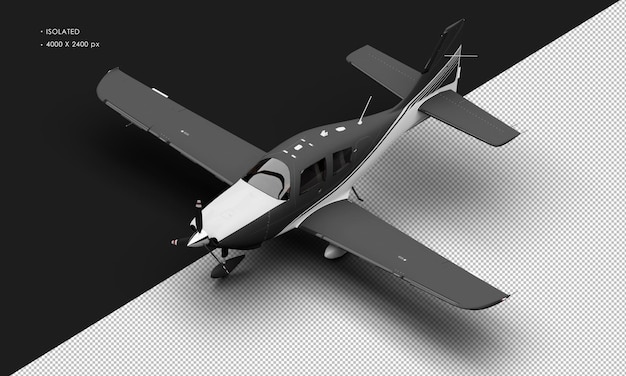 PSD isolated realistic matte black single engine propeller low wing light airplane from top left front