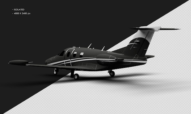 Isolated realistic matte black twin engine light jet airplane from left rear view