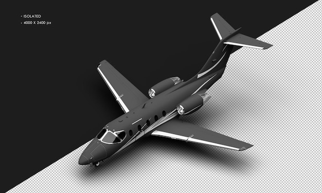 PSD isolated realistic matte black twin engine medium light jet airplane from top left front view
