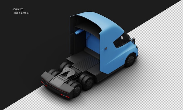 PSD isolated realistic matte blue fully electric semi truck car from top right rear view